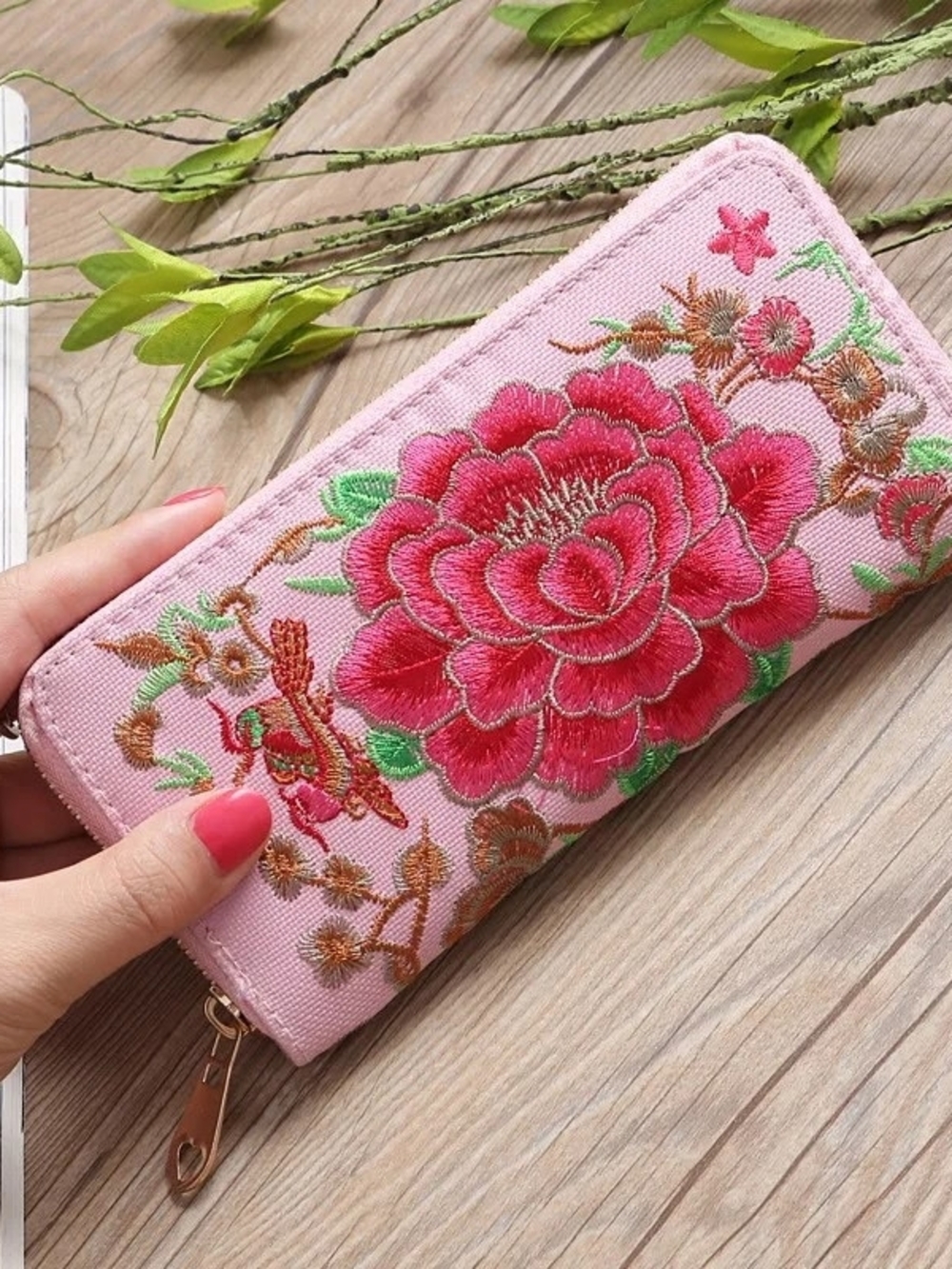 Embroidered Floral Long Wallet - Pink